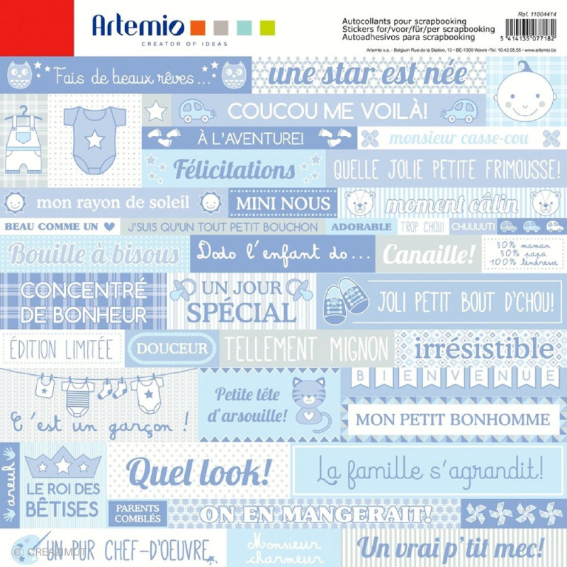 Planche de 45 stickers prédécoupés Baby Boy 11004414 ARTEMIO