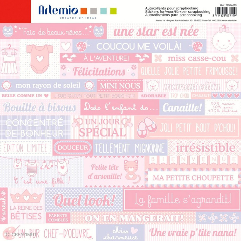Planche de 45 stickers prédécoupés Baby Girl 11004415 ARTEMIO